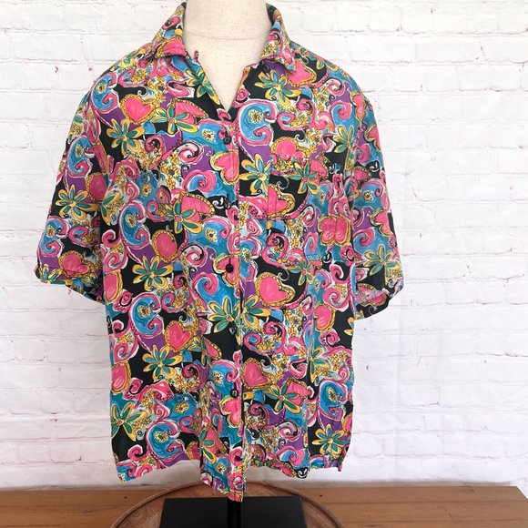 80's Silk Funky Flower Print Shirt-Size Medium - Peaches & Smith-Unisex - Picture 2 of 8